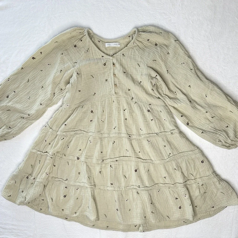 Zara Girls Cottagecore Gauze Tiered Dress Floral Embroidered Boho Prairie 13/14